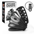 Six stainless steel kitchen gadgets stacked together in modern colour box with cleaning brush