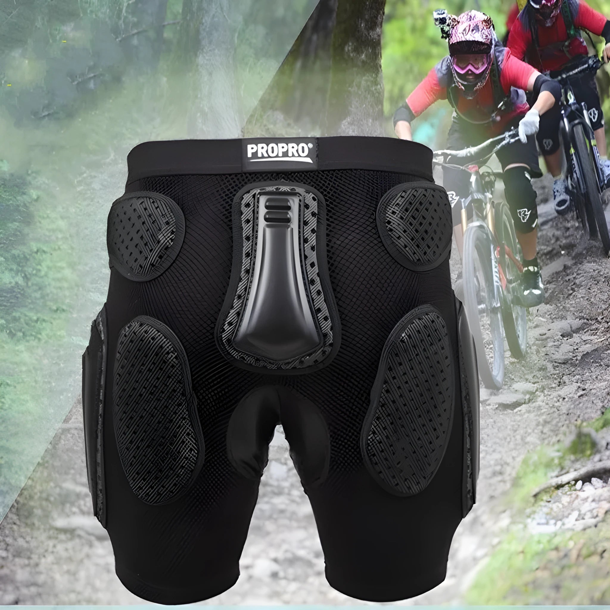 Black cycling hip protection pants showing integrated padding, available in sizes S, M, L, XL.