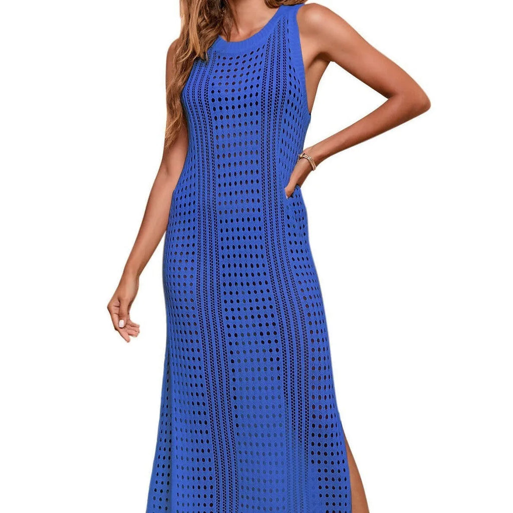 Women's long loose beach blouse with hollow-out knitted design in solid colour options