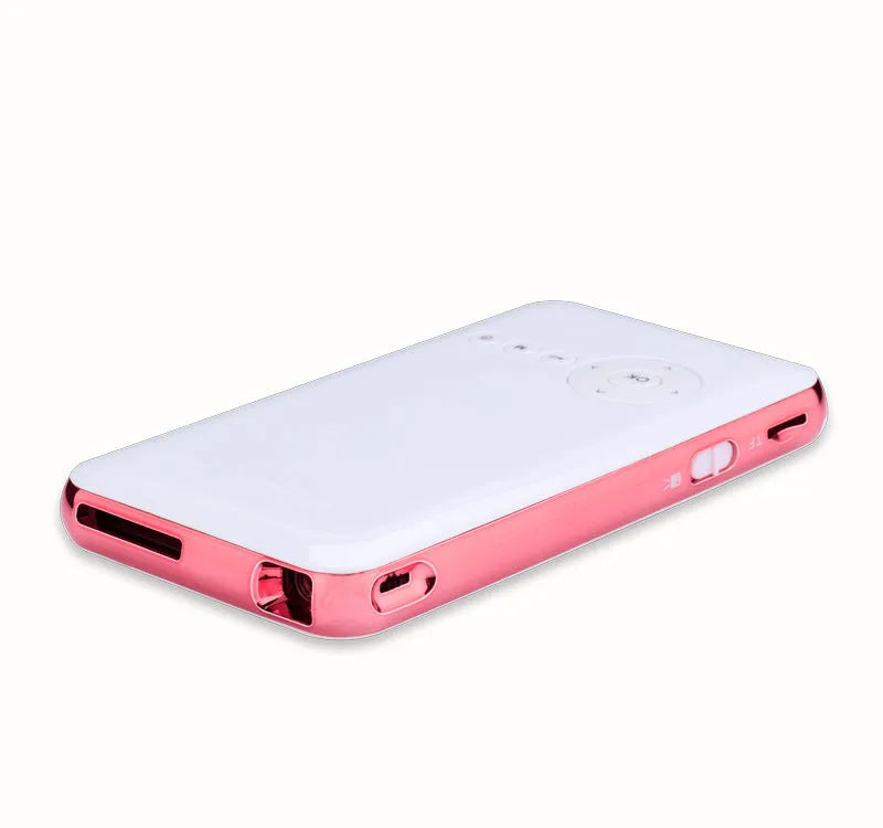 M6S miniature white and rose gold Android projector showing compact 145mm size with smartphone connectivity