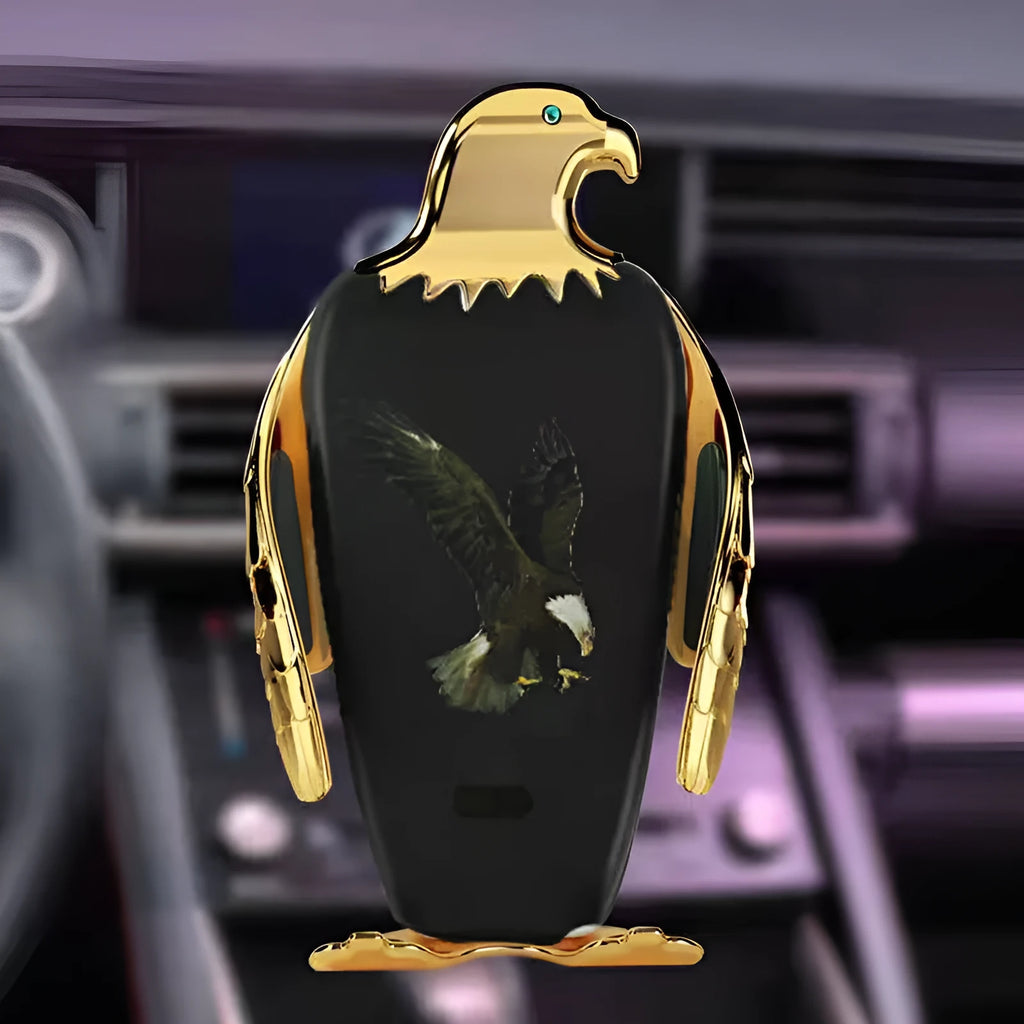 Eagle design car phone holder with wireless charging on a car dashboard