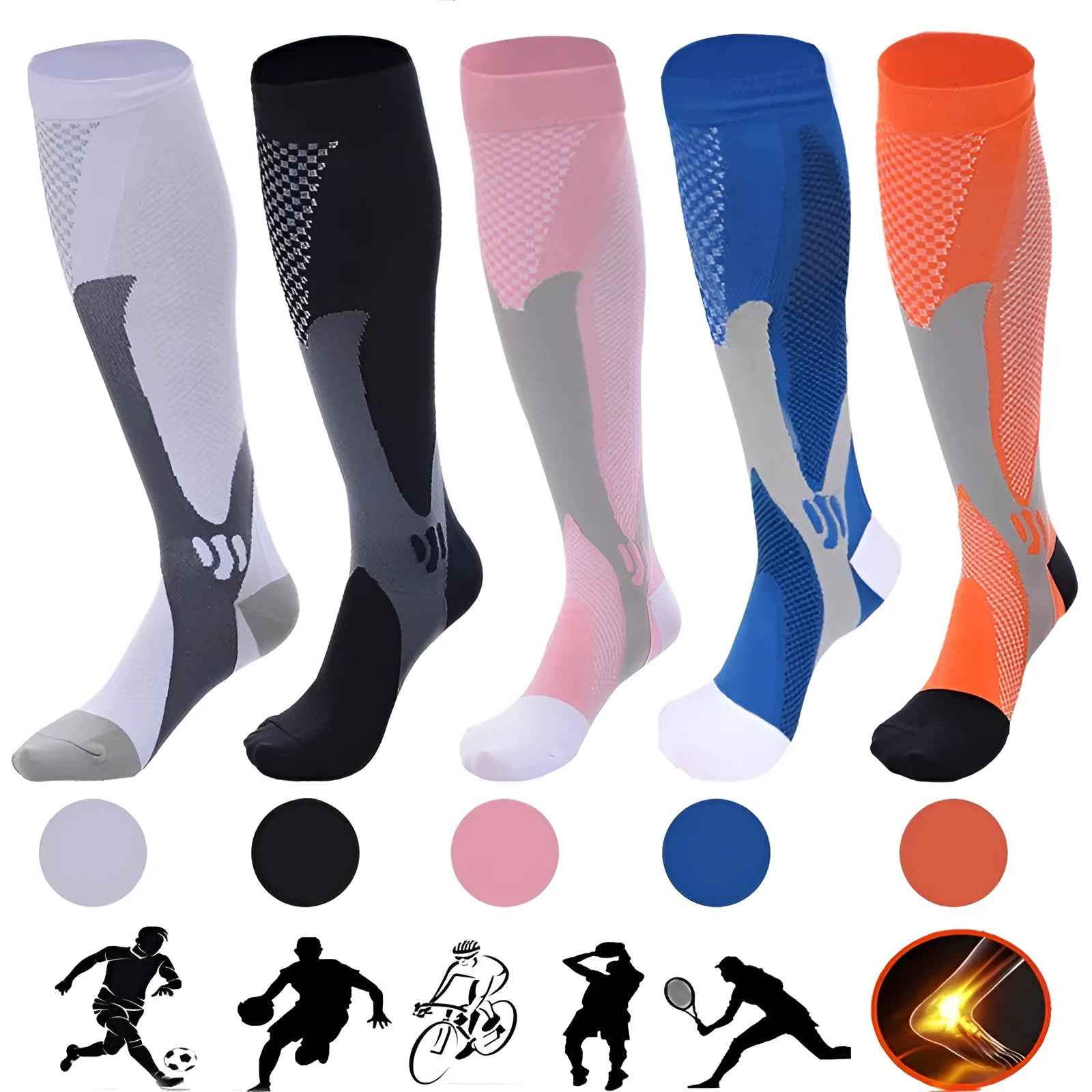 Graduated compression socks for men and women in black, shown laid flat.