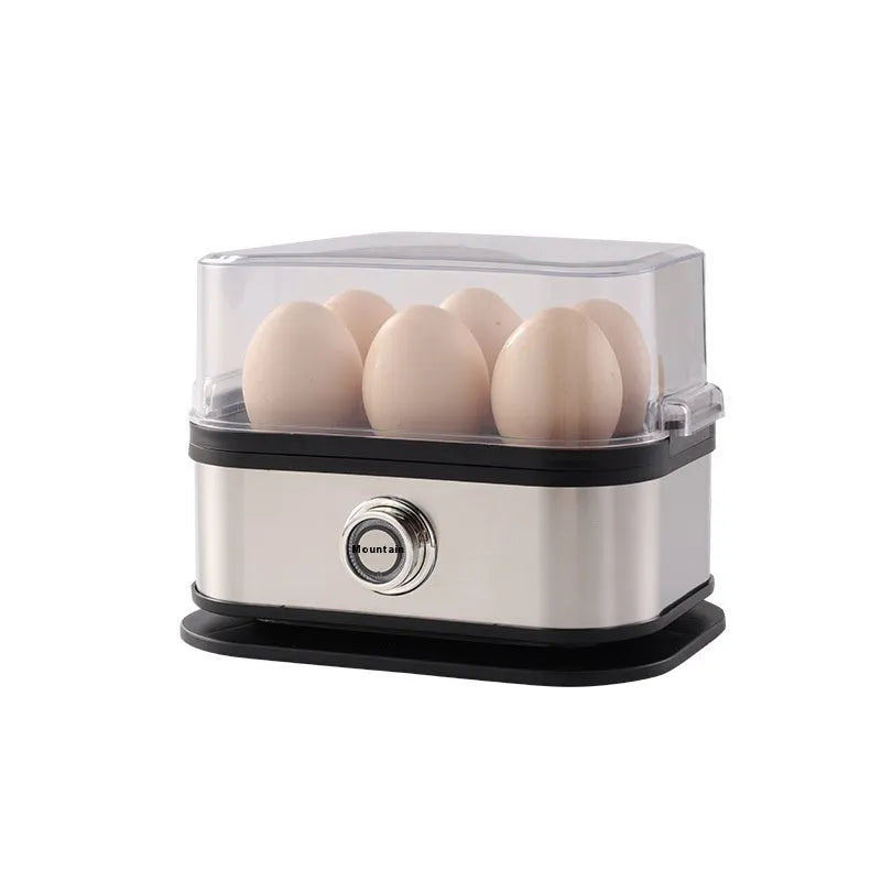 Black portable stainless steel egg boiler with plug adapters for US, UK and EU sockets.