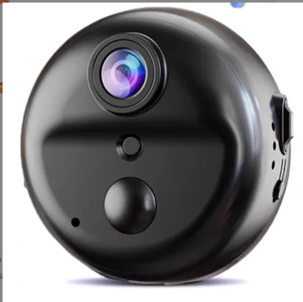 Wireless black security camera with 360-degree rotation on stand showing night vision capability