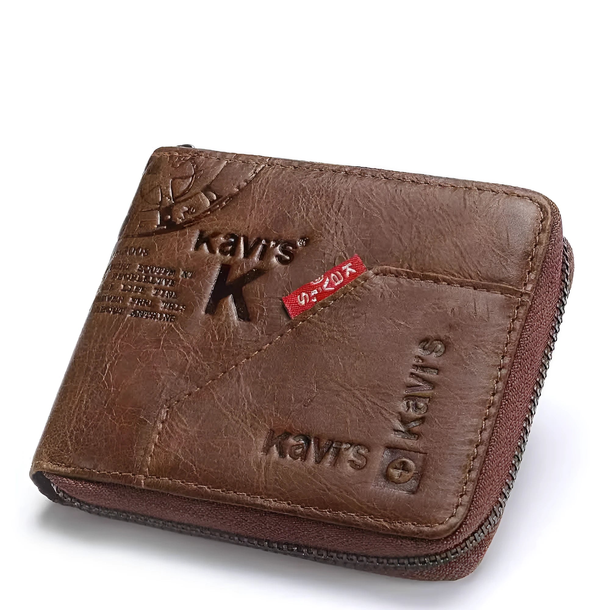 Men's soft genuine leather wallet in coffee colour with zipper closure showing multiple internal compartments