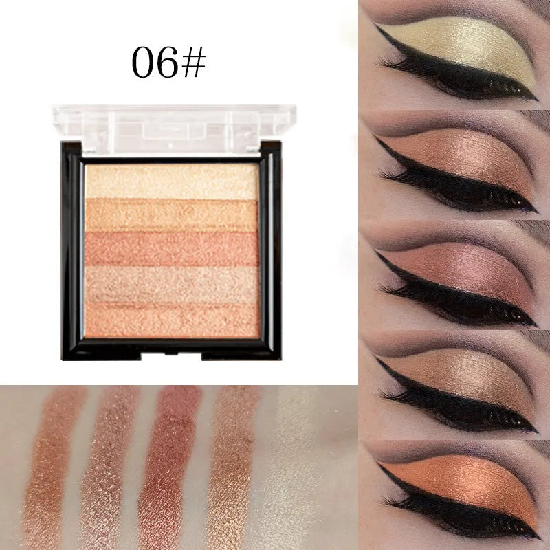 A standard 12g highlight eye shadow compact open to show powder, labelled with six shade options 01 to 06.