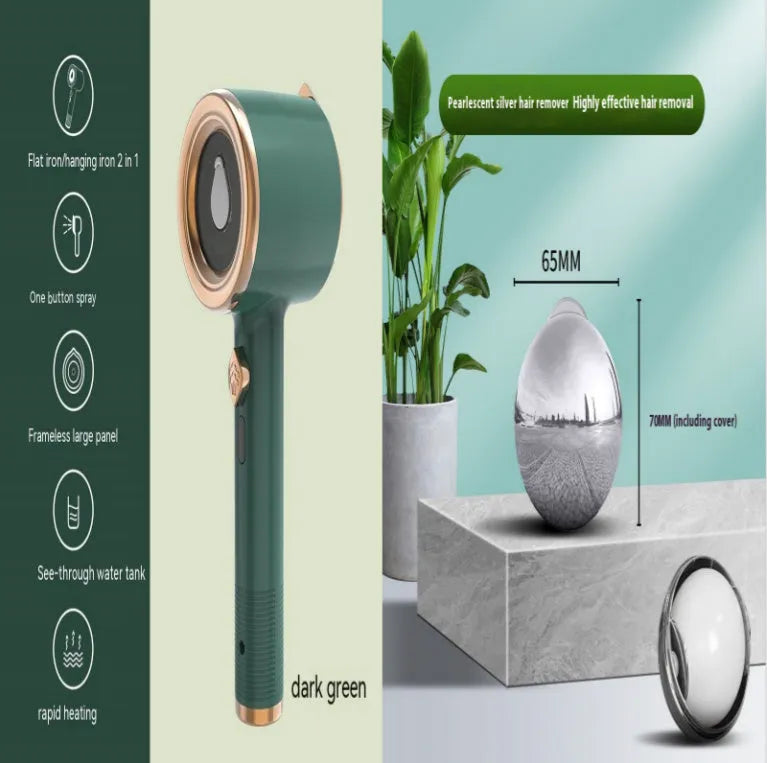 Mini handheld garment steamer in green with visual water tank and US plug
