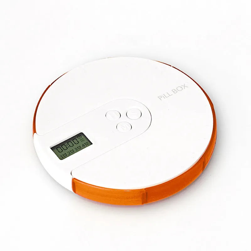 Blue 7-compartment electronic alarm clock pill dispenser showing timer display and separate lids.