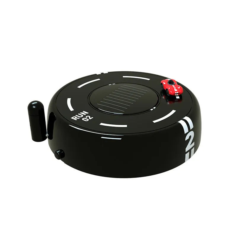Round black solar-powered car perfume diffuser with USB port on a car dashboard.