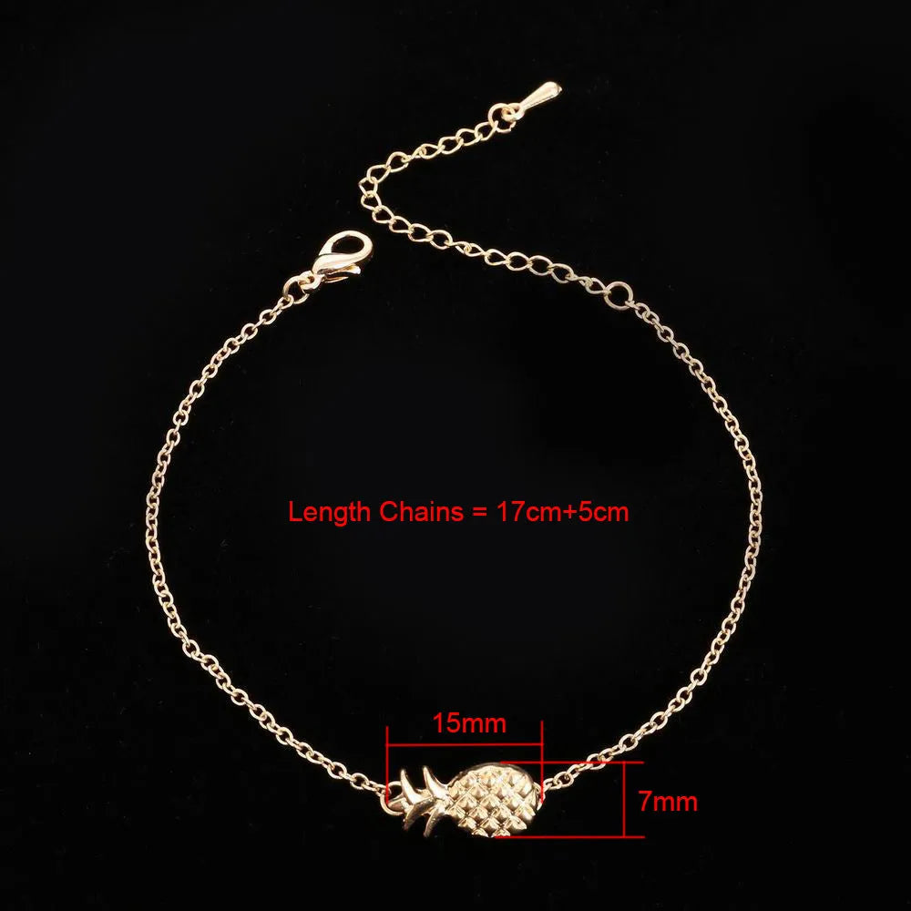Women's alloy bracelet featuring a simple pineapple charm in a gold or silver metallic finish.