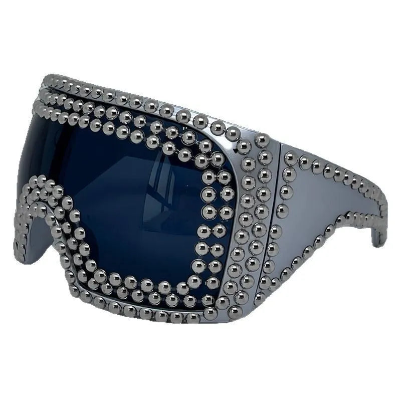 Men's punk sunglasses with super large rim and square rivet design in silver colour