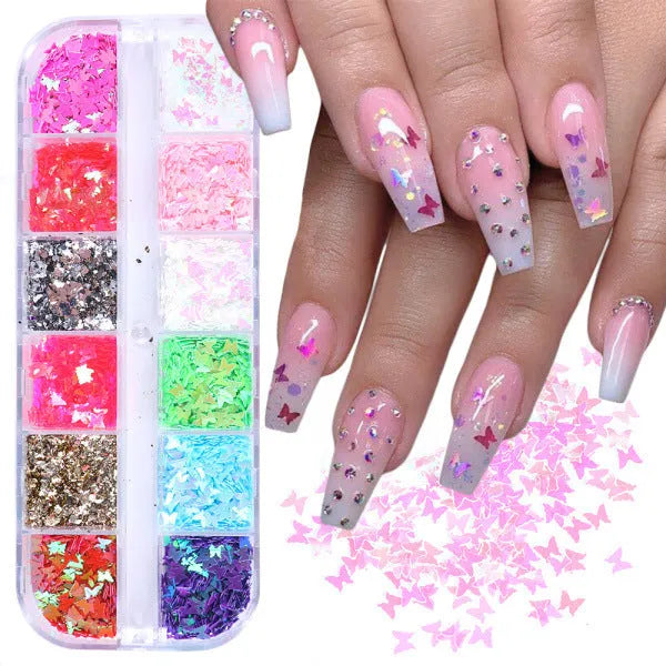 Butterfly sequin nail decoration in 12-colour glitter mix in a case for nail art