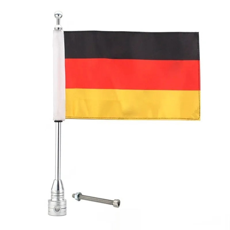 Motorcycle luggage rack flagpole for side box bumper mounting in black and silver finish options
