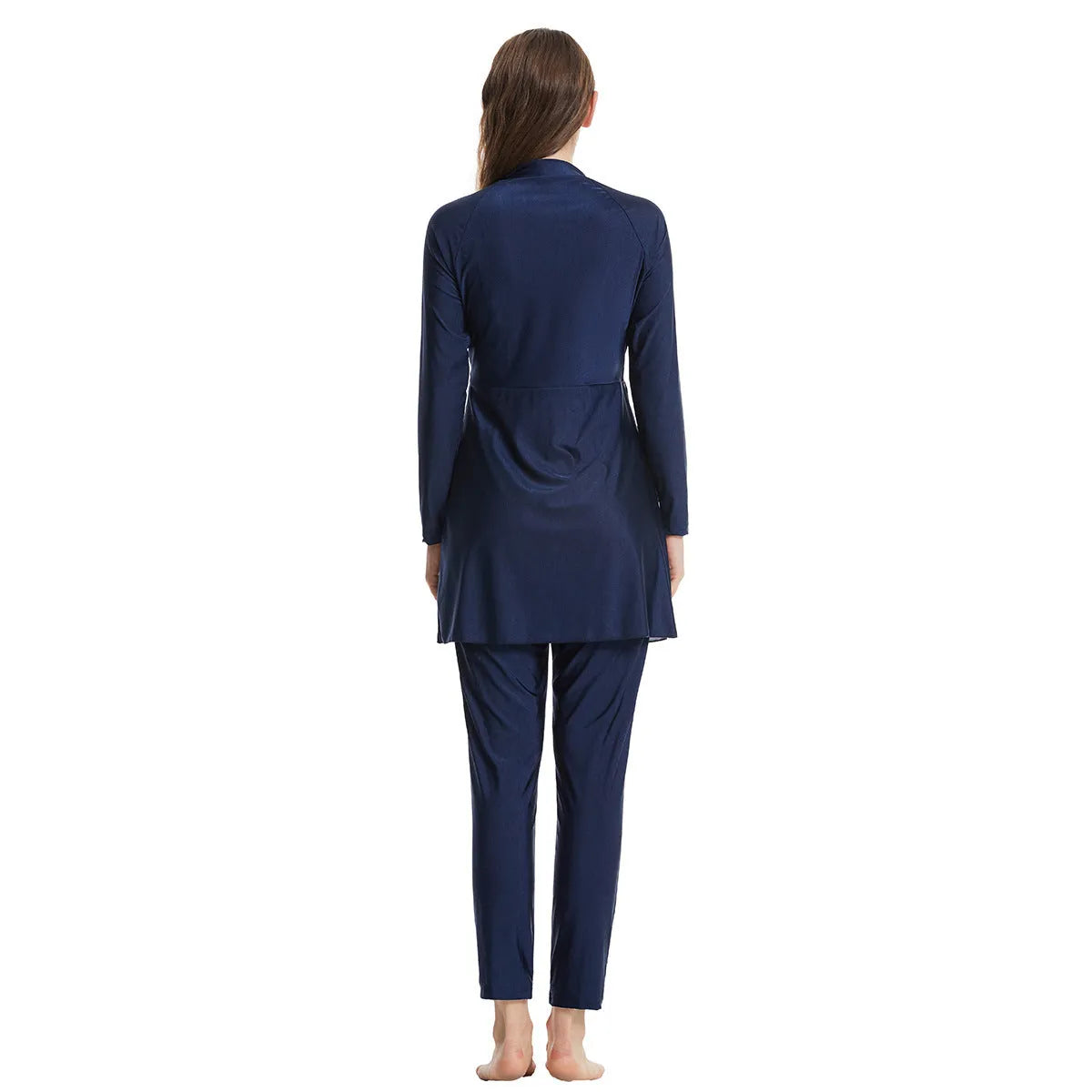 Quick-drying women's conservative swimwear three-piece suit in nylon, black colour, with stitching details