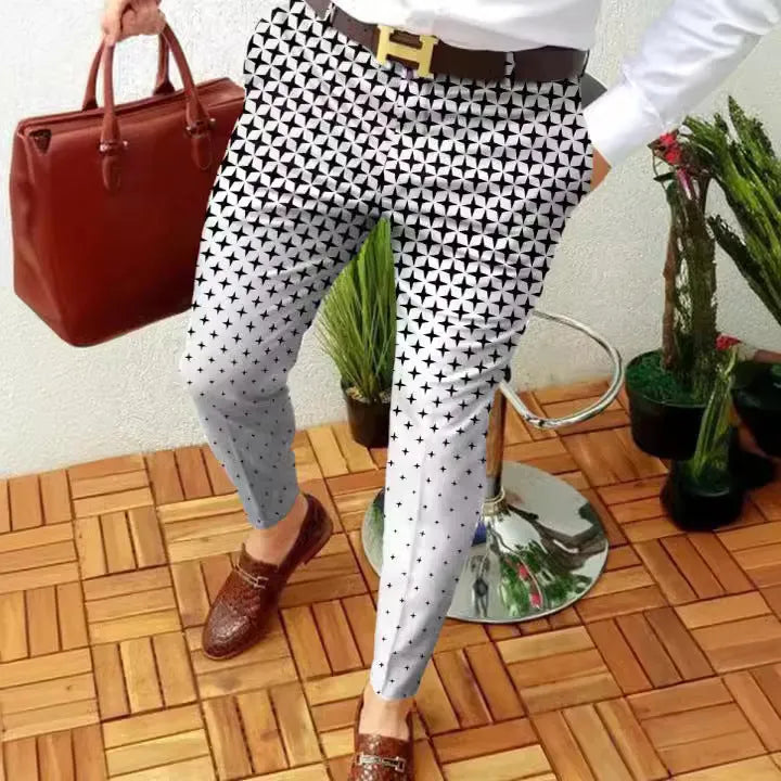 Man wearing slim-fit straight leg casual trousers with a 3D printed plaid pattern in a neutral colour.