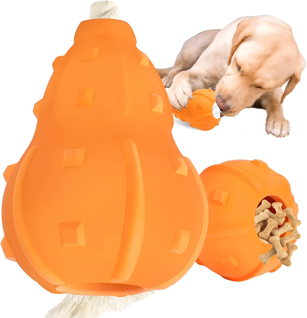 A long, brown, natural rubber stuffable dog toy for small medium breeds, shown with a treat inside.
