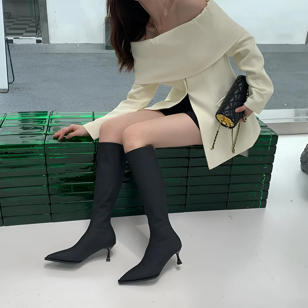 Women's black pointed toe stiletto heel boots with a back zipper, shown below the knee.