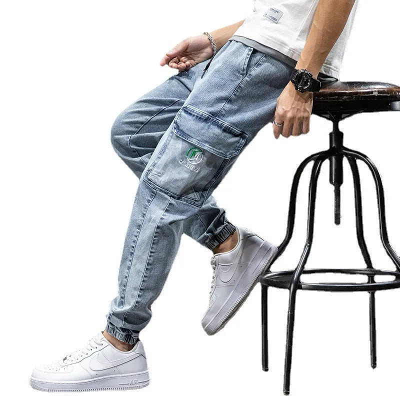 Men's loose straight-leg cargo jeans in blue with micro-elasticity cotton fabric and Korean styling