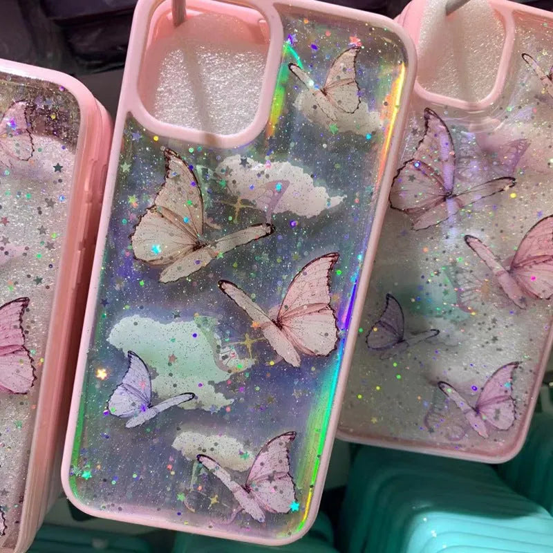 Gray epoxy glitter butterfly TPU phone case for iPhone on white background