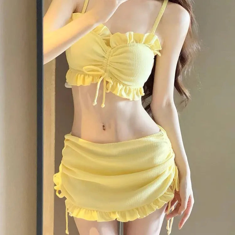 Women's milk silk fabric bikini swimsuit set in solid colour with top and bottom pieces