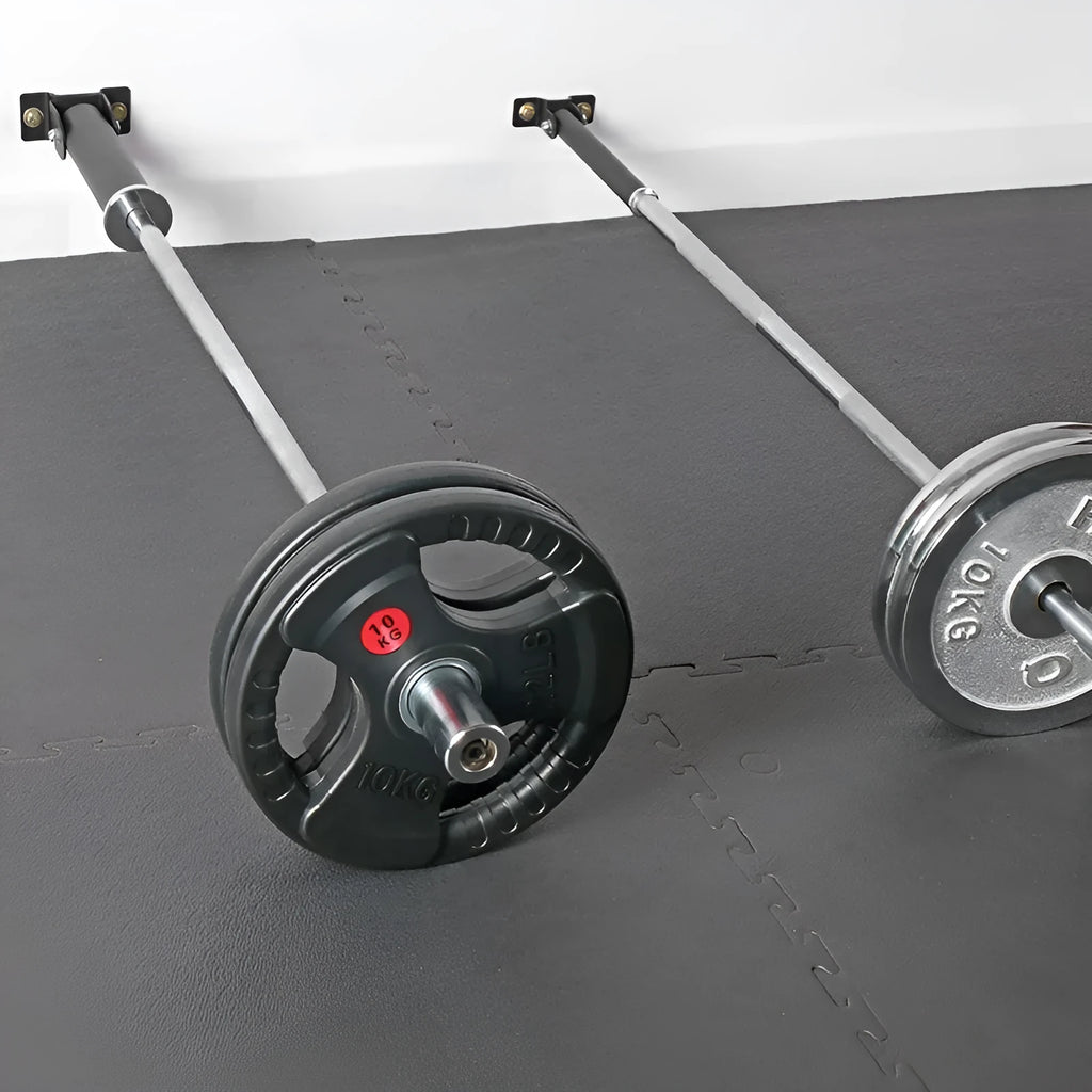Steel wall-mounted barbell rod rack holding 25 tubes