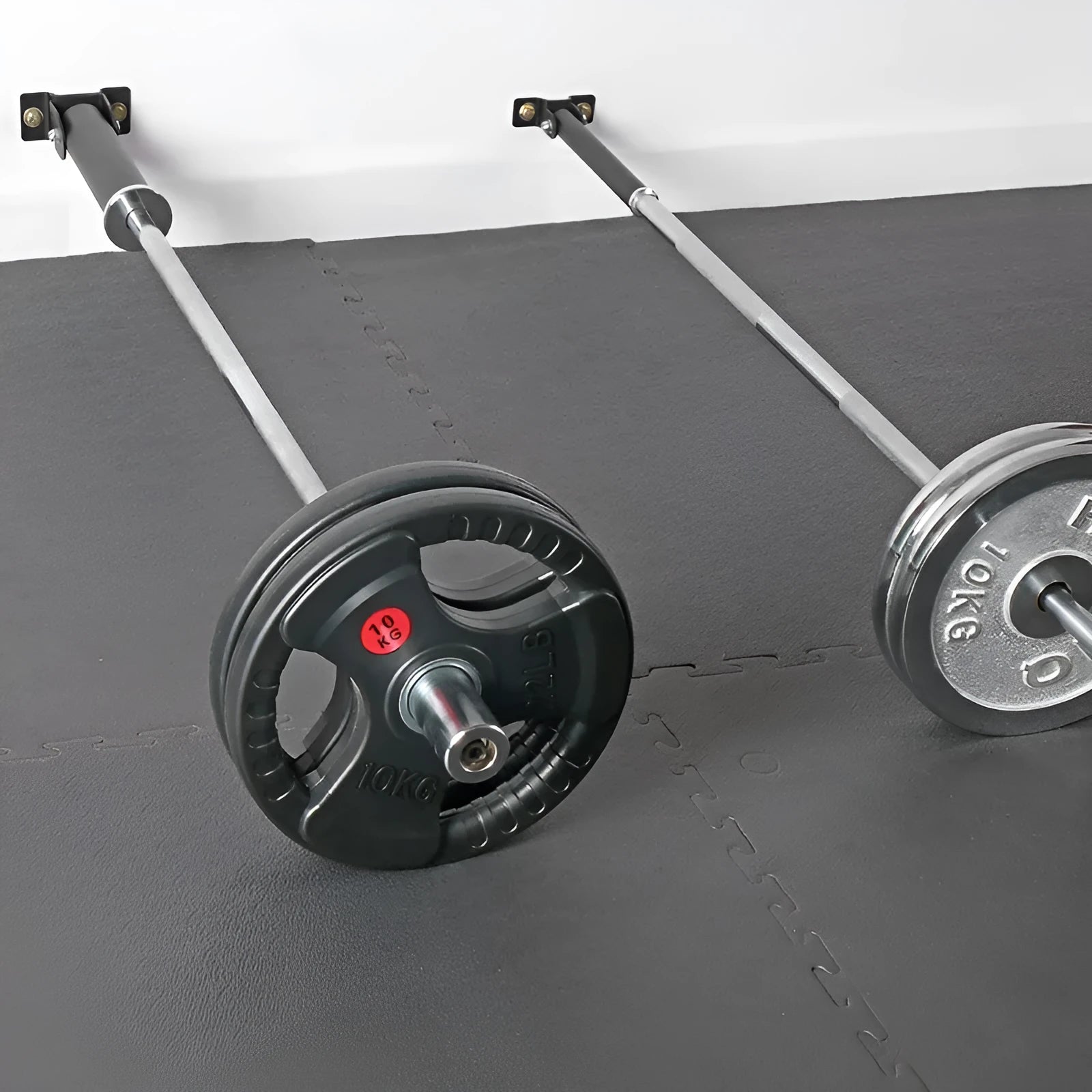 Steel wall-mounted barbell rod rack holding 25 tubes