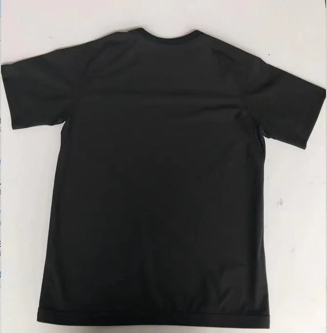Men's black short sleeve athletic fitness body shaping tank top on display