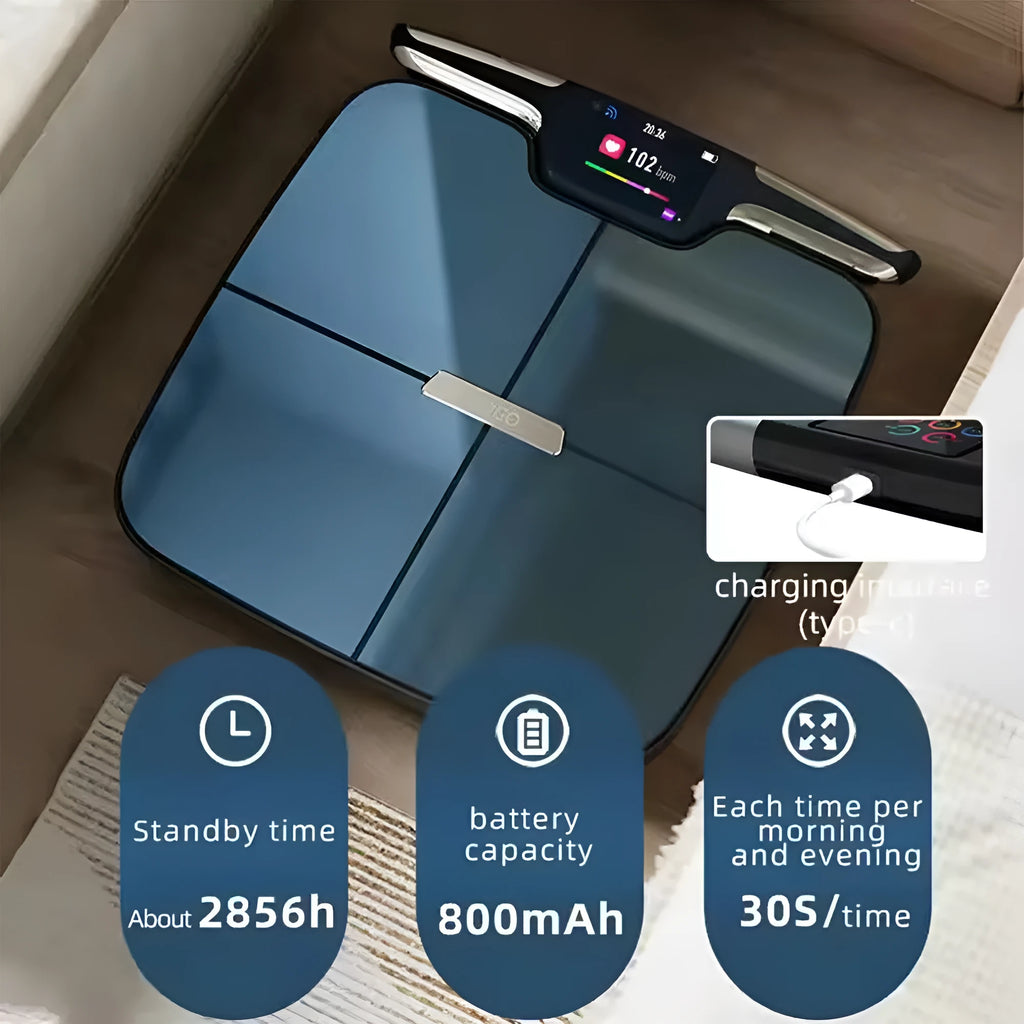 Black eight-electrode intelligent body fat and composition weighing scale for home use