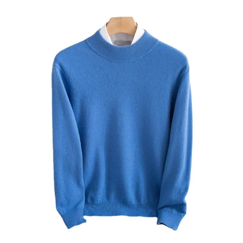 Men's half-collar wool sweater in a loose fit, shown in a choice of colours including black, brown, camel, and grey.