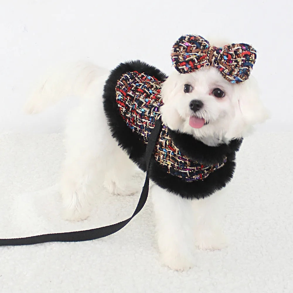 Classic style dog cloak attached to a cloth chest strap harness with an integrated hand holding rope leash.