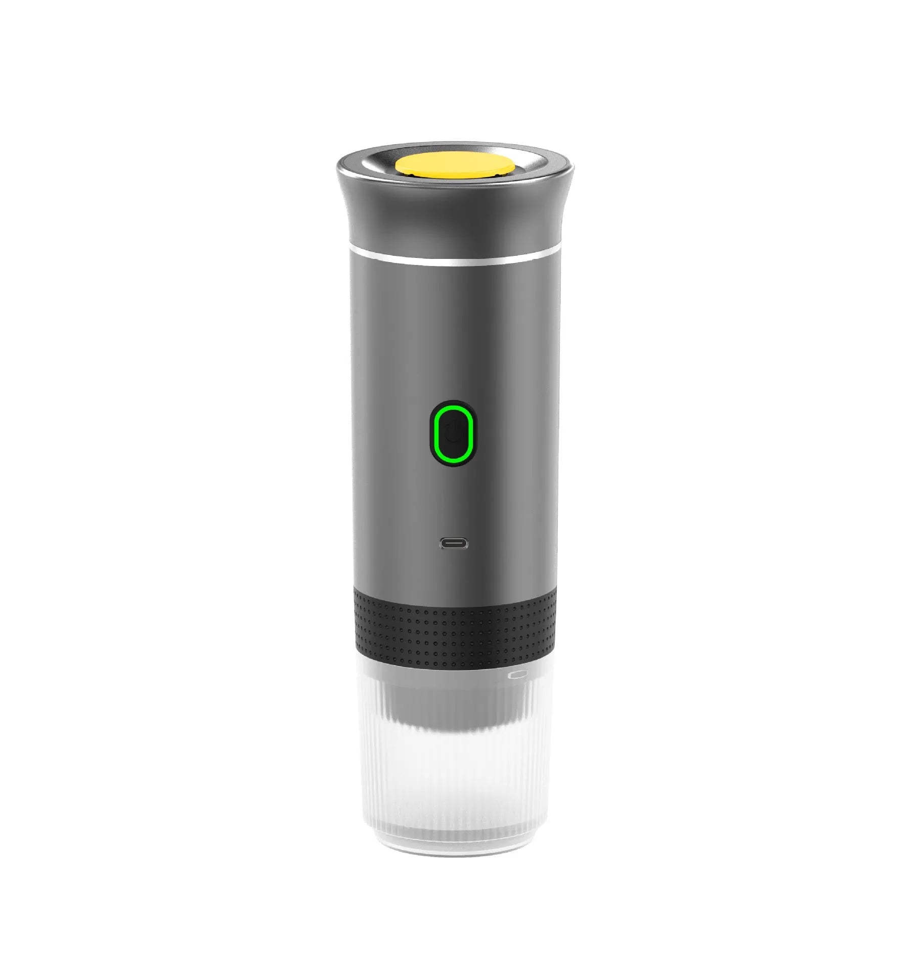 3-in-1 portable espresso maker in white with USB charging cable and ground coffee capsule compartments