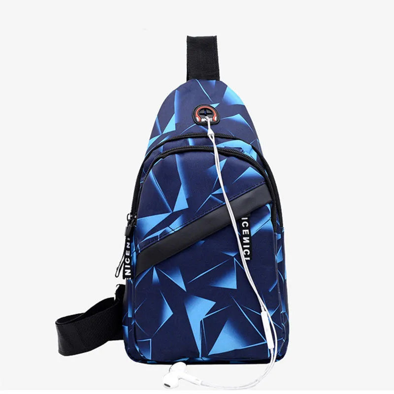 Men's print sling chest bag with earphone hole, Oxford cloth construction, showing front view with zipper opening