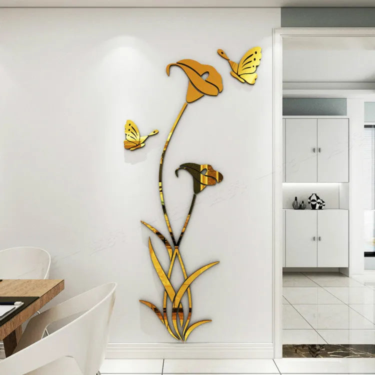 3D acrylic lily wall sticker in silver colour, showing its raised silhouette against a plain wall.