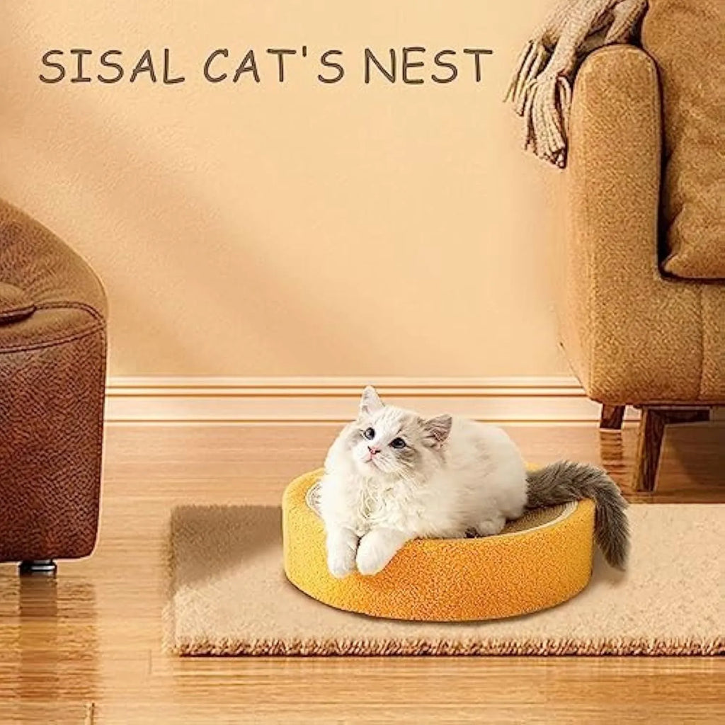 Round yellow fruit-shaped cat scratching board with sisal surface and concave sleep centre