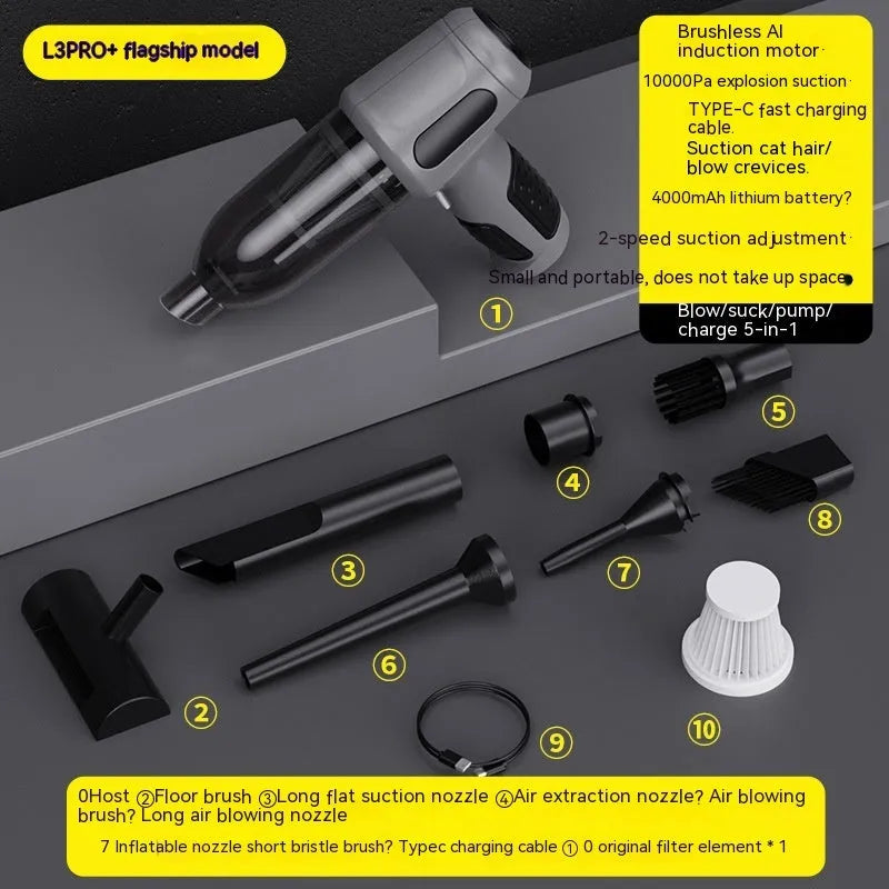 Standard Black car wireless handheld vacuum cleaner with 6KPa suction, 4000mAh battery, and Type-C port