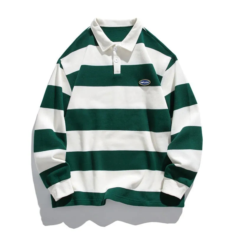 Hong Kong style pearl cotton polo shirt with striped lapel in autumn colours