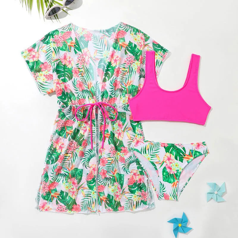 Girls' floral two-piece swimsuit in Korean-style design for swimming sports, sizes 130-160cm.