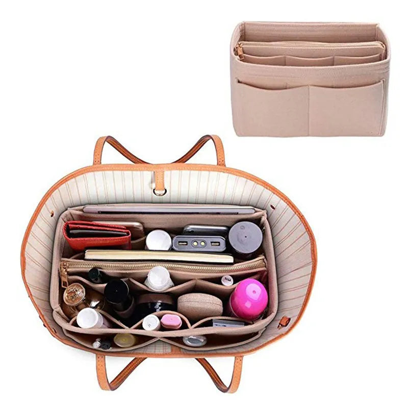 Felt cosmetic bag in beige, cube shape, 26x15x14cm size option