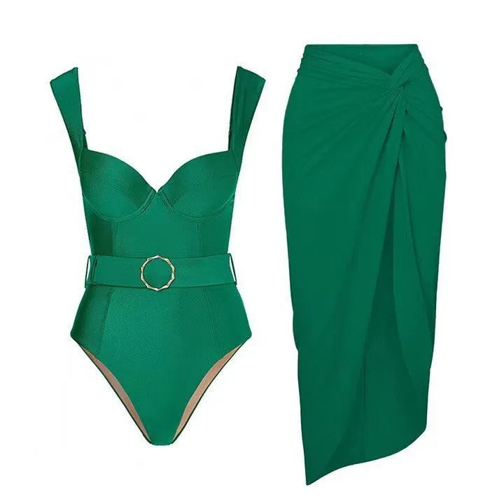 Women's one-piece swimsuit with gauze skirt in double-shoulder and oblique-shoulder styles.