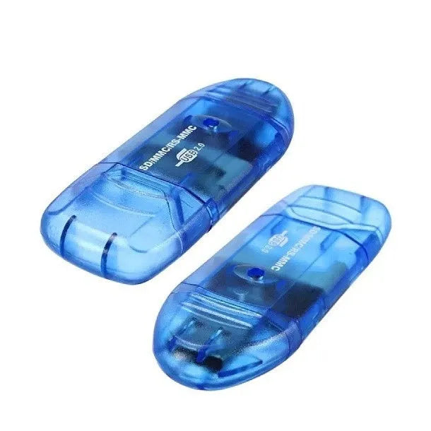 Transparent plastic USB card reader with LED light on a desk