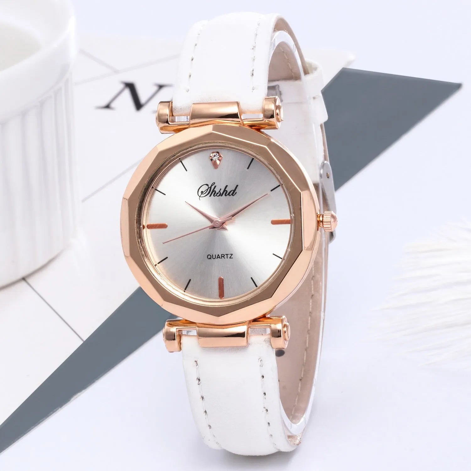 New ladies casual watch with round plastic case, PU strap, and pointer display in multiple colours