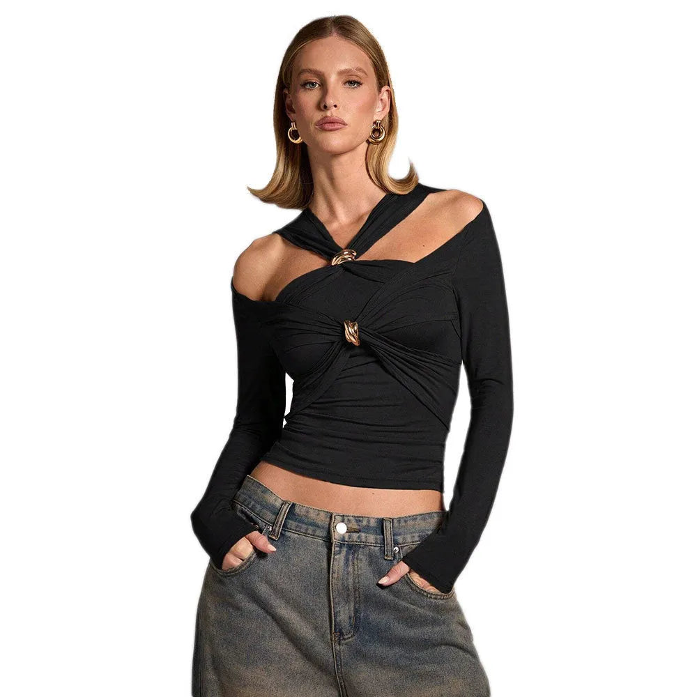 Black women's slim fit halter top with strapless shoulder-baring design.