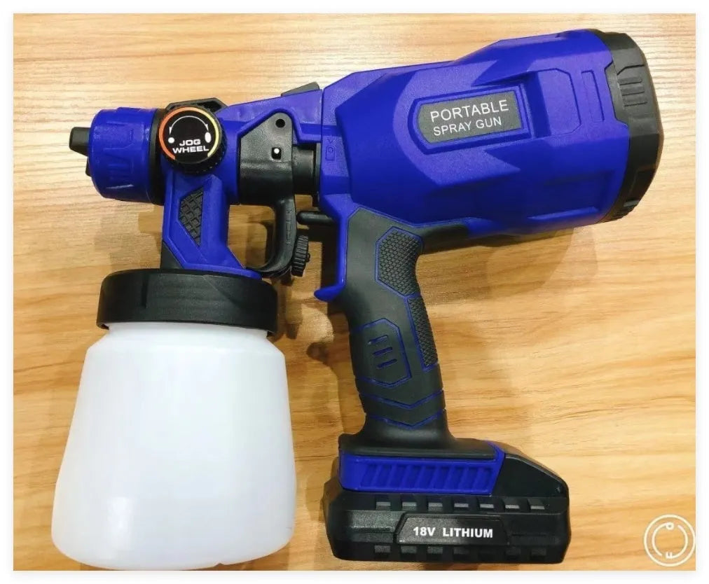 Blue cordless paint spraying machine with 800ml container and automatic spray gun
