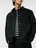 Men's black hooded jacket with suede collar in cotton-blend fabric for spring leisure wear