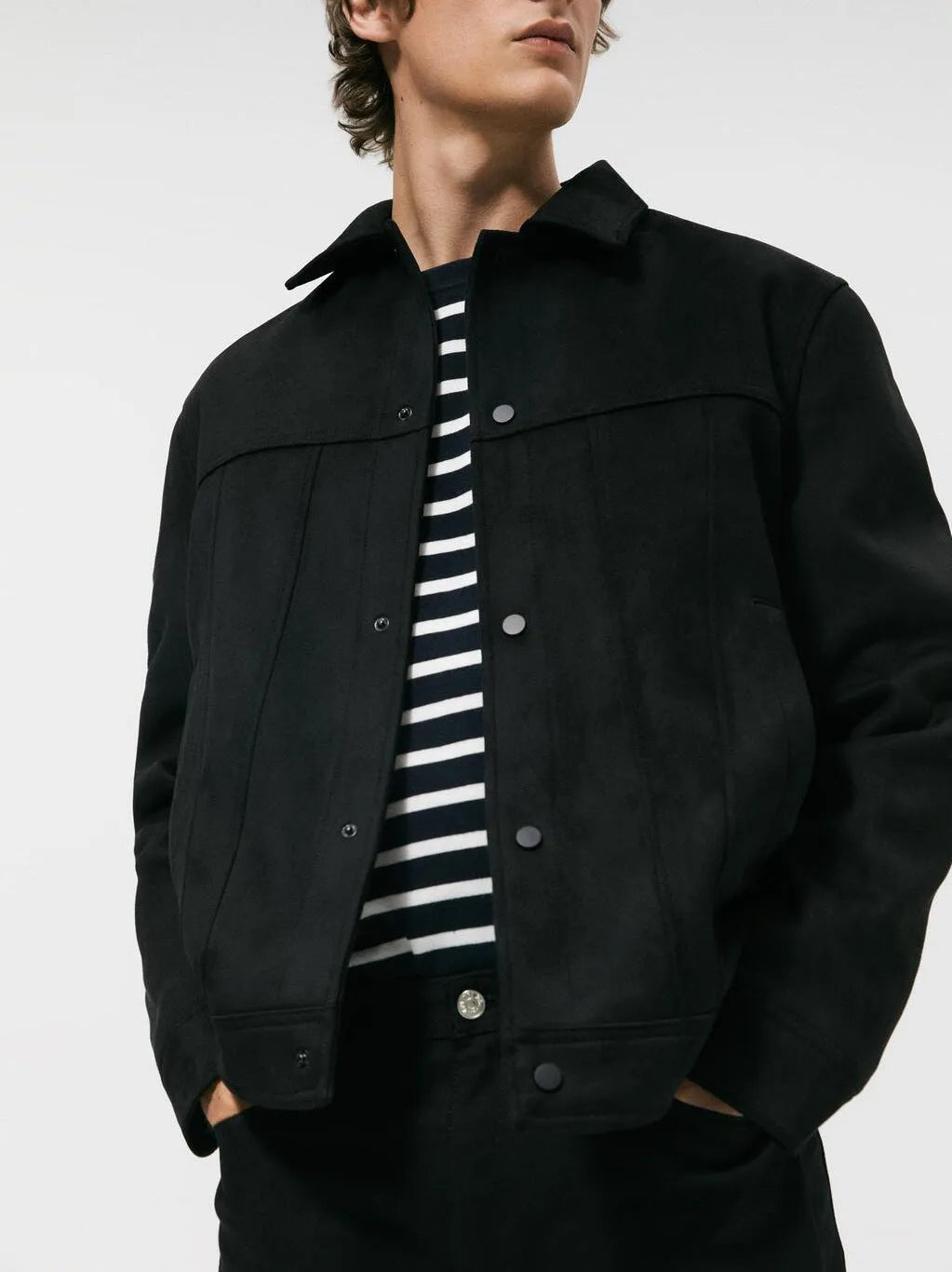 Men's black hooded jacket with suede collar in cotton-blend fabric for spring leisure wear