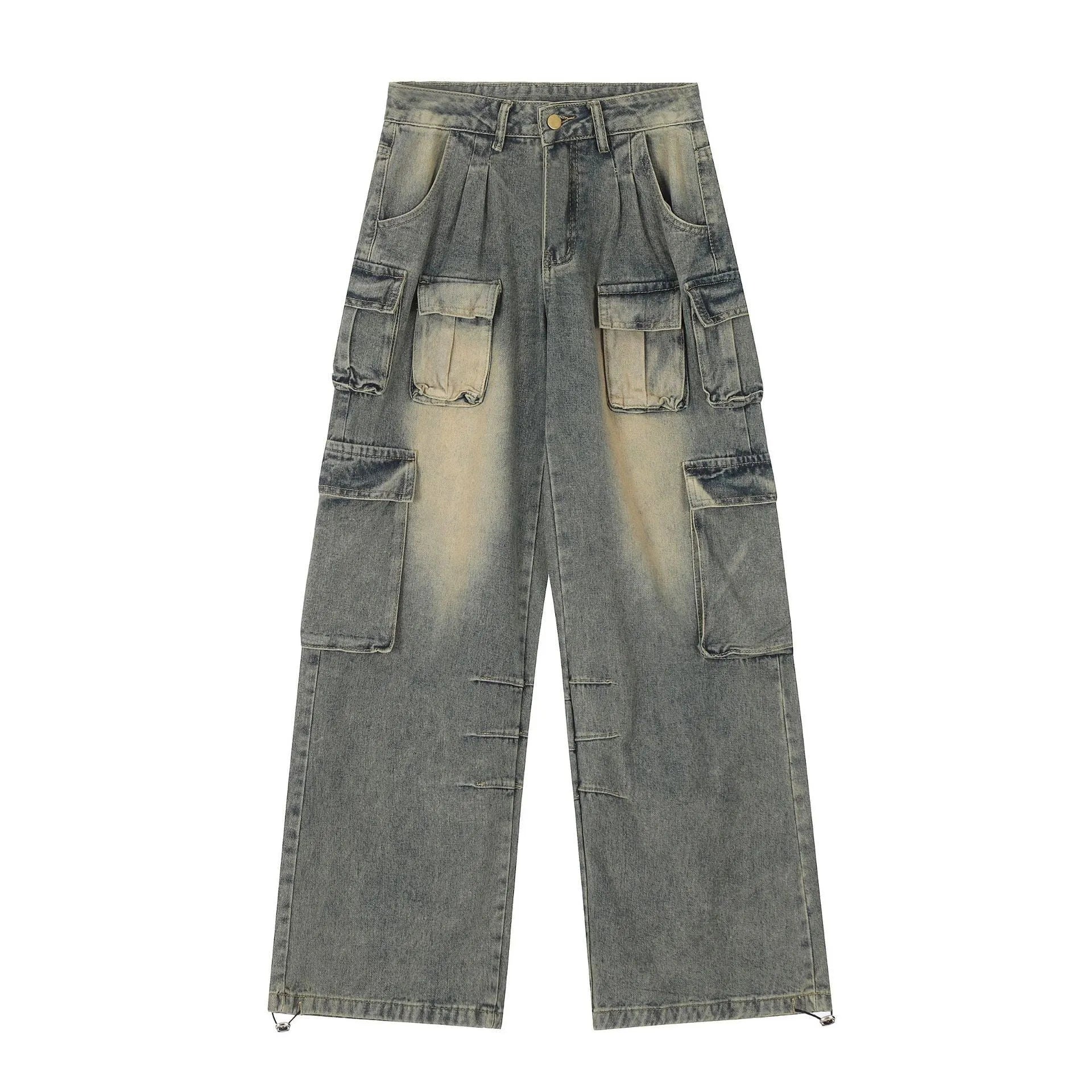 Loose fit distressed denim trousers with multiple pockets in light blue colour