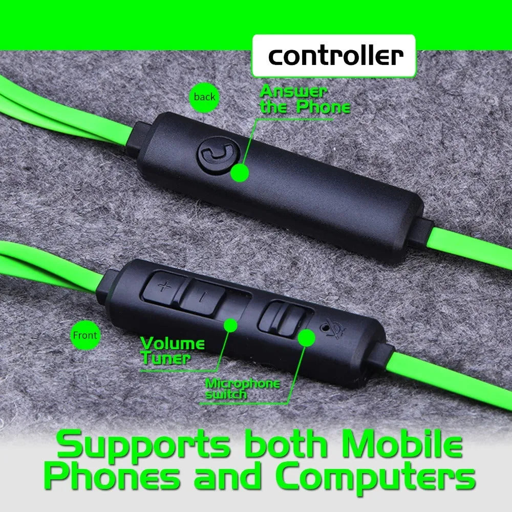 Shuangmai wired in-ear computer gaming headset with 1.5 cm cable in black, green, and red colour options