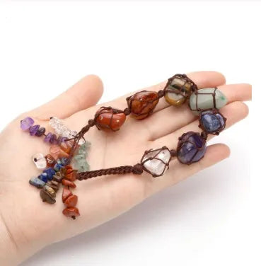 Handmade gemstone car pendant colorful chakra beads hanging from car rear-view mirror
