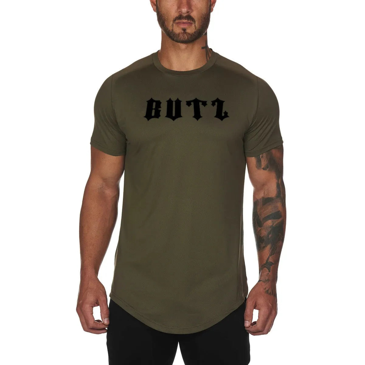 Men's plain gym shirt in cotton spandex blend shown in army green, black, and white colour options.