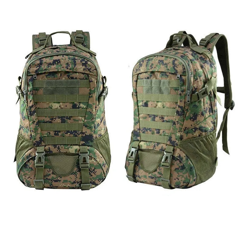 Outdoor mountaineering backpack in Oxford cloth shown in a camouflage colour with air pillow belt system.